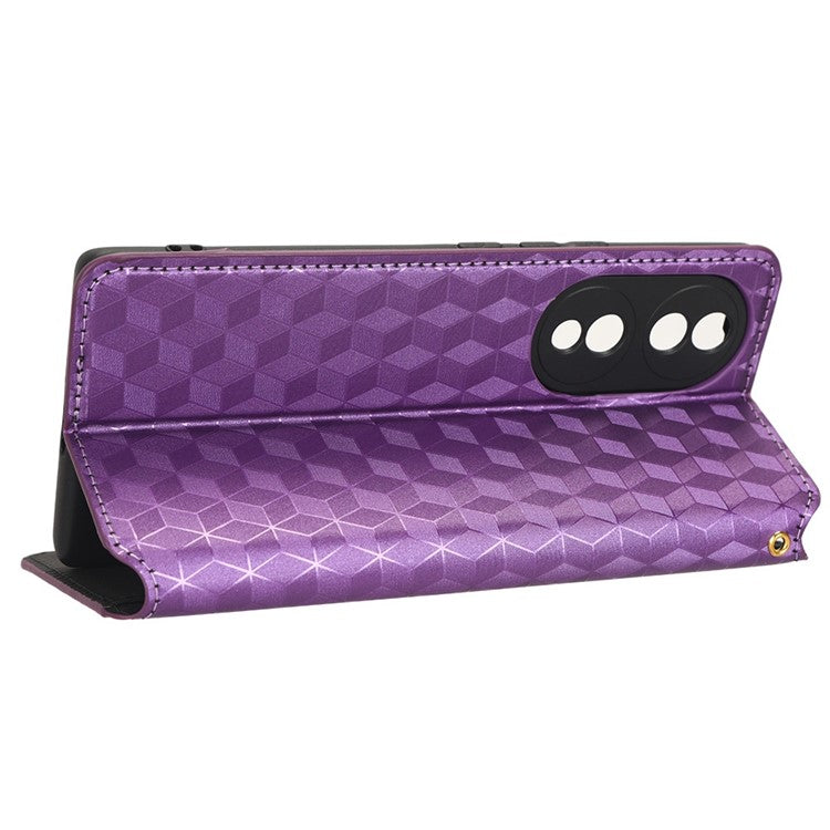For Honor 70 5G Magnetic Auto-absorbed PU Leather Case Rhombus Pattern Imprinted Phone Cover with Wallet Stand - Purple