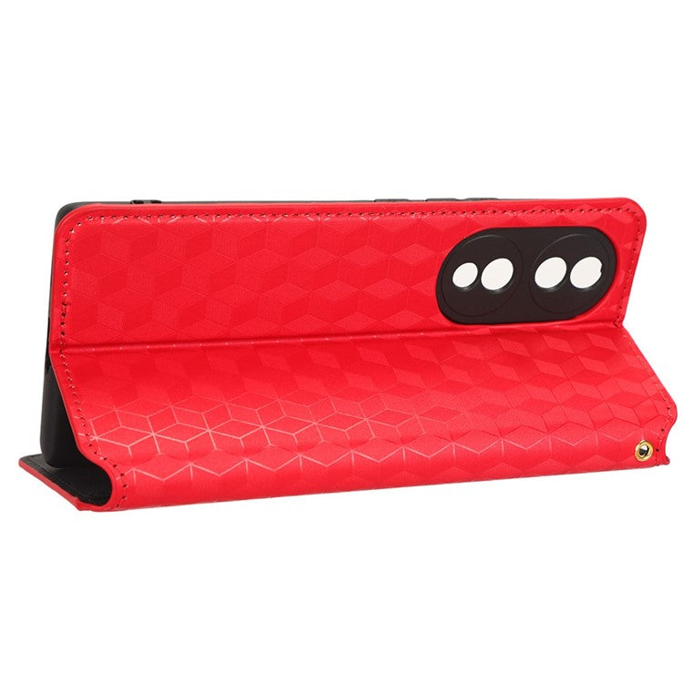 For Honor 70 5G Magnetic Auto-absorbed PU Leather Case Rhombus Pattern Imprinted Phone Cover with Wallet Stand - Red