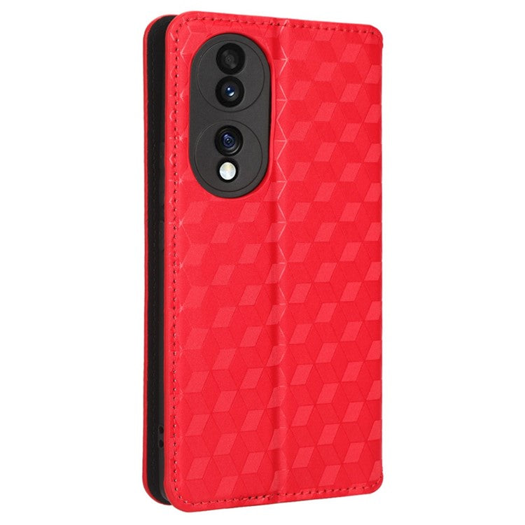 For Honor 70 5G Magnetic Auto-absorbed PU Leather Case Rhombus Pattern Imprinted Phone Cover with Wallet Stand - Red