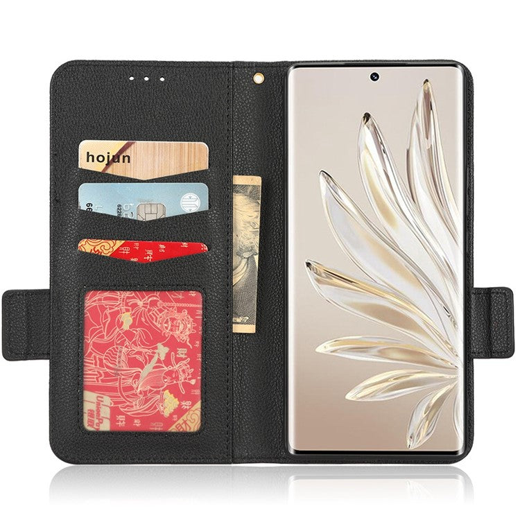 Litchi Texture Phone Stand Cover for Honor 70 5G, PU Leather Dual Magnetic Clasp Full Protection Wallet Case - Black