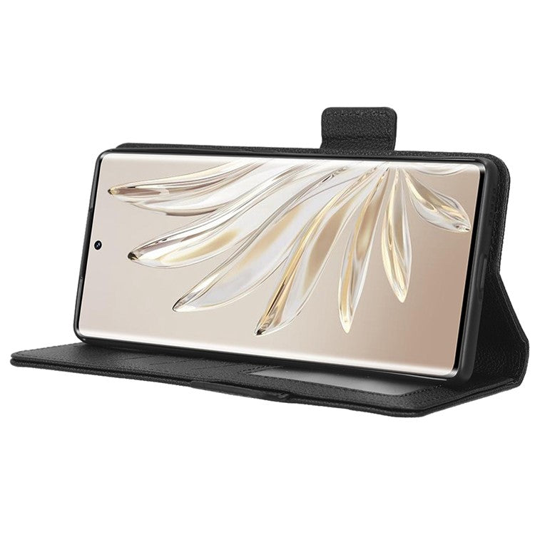 Litchi Texture Phone Stand Cover for Honor 70 5G, PU Leather Dual Magnetic Clasp Full Protection Wallet Case - Black