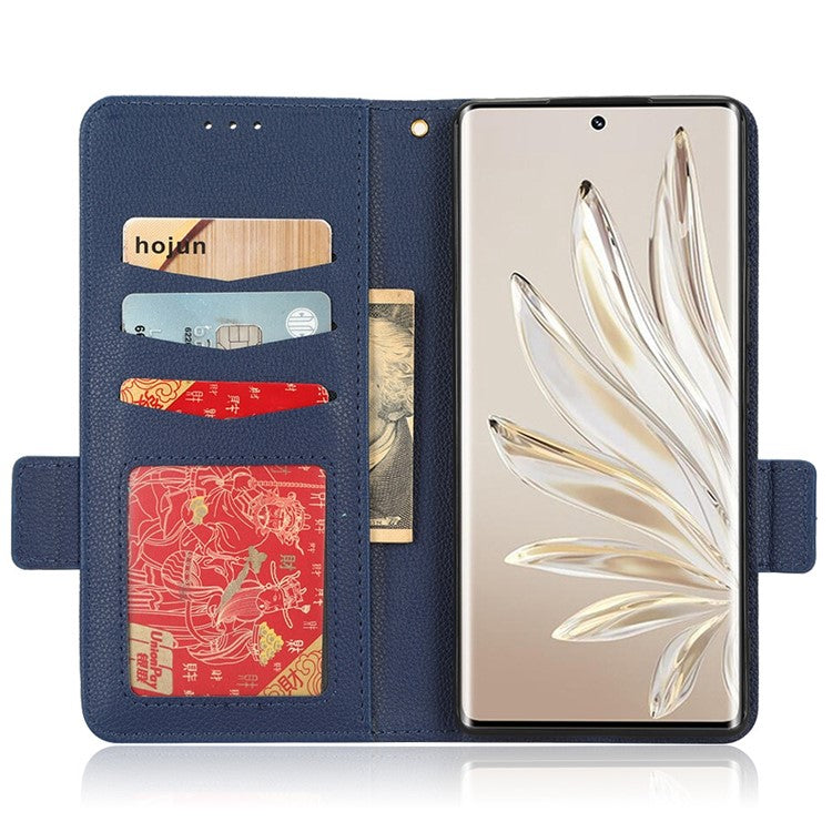 Litchi Texture Phone Stand Cover for Honor 70 5G, PU Leather Dual Magnetic Clasp Full Protection Wallet Case - Dark Blue