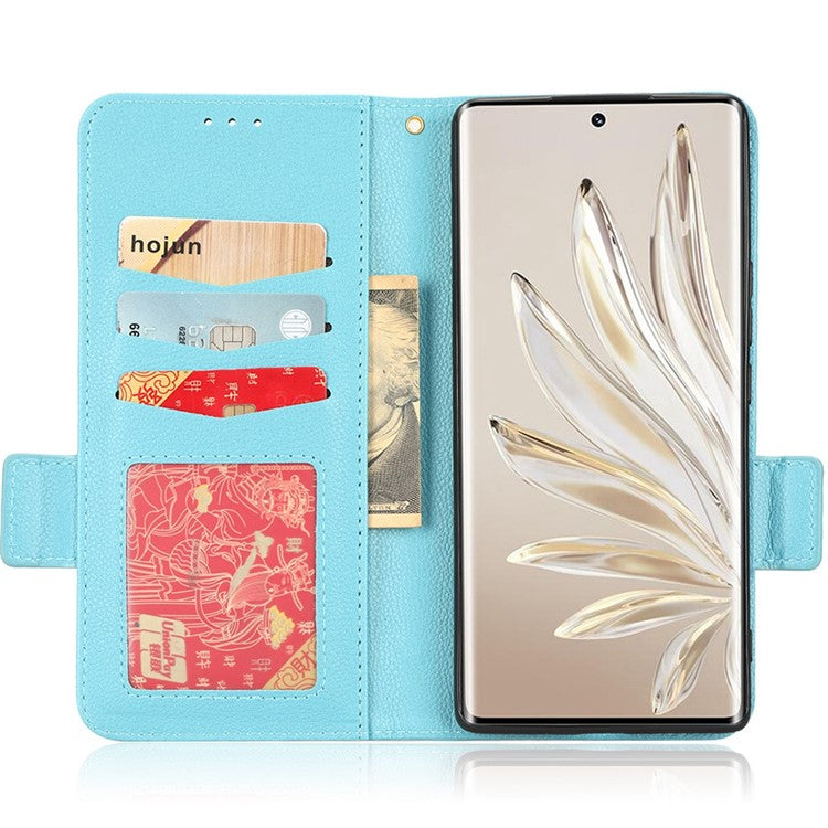 Litchi Texture Phone Stand Cover for Honor 70 5G, PU Leather Dual Magnetic Clasp Full Protection Wallet Case - Baby Blue