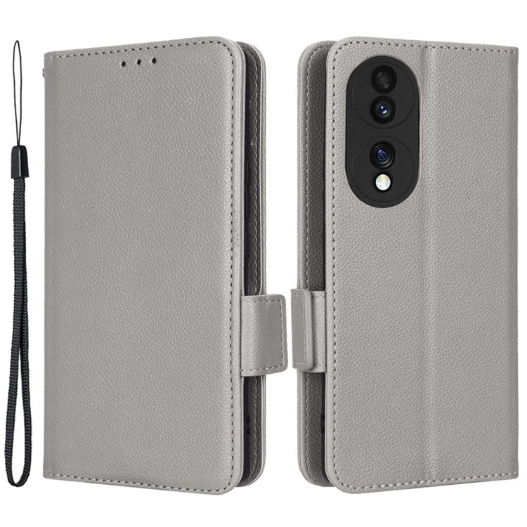 Litchi Texture Phone Stand Cover for Honor 70 5G, PU Leather Dual Magnetic Clasp Full Protection Wallet Case - Grey