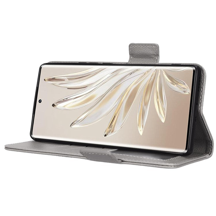 Litchi Texture Phone Stand Cover for Honor 70 5G, PU Leather Dual Magnetic Clasp Full Protection Wallet Case - Grey