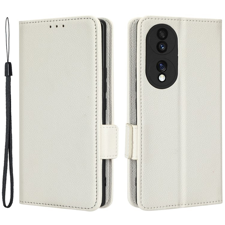 Litchi Texture Phone Stand Cover for Honor 70 5G, PU Leather Dual Magnetic Clasp Full Protection Wallet Case - White