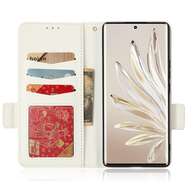 Litchi Texture Phone Stand Cover for Honor 70 5G, PU Leather Dual Magnetic Clasp Full Protection Wallet Case - White