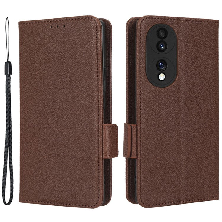 Litchi Texture Phone Stand Cover for Honor 70 5G, PU Leather Dual Magnetic Clasp Full Protection Wallet Case - Brown