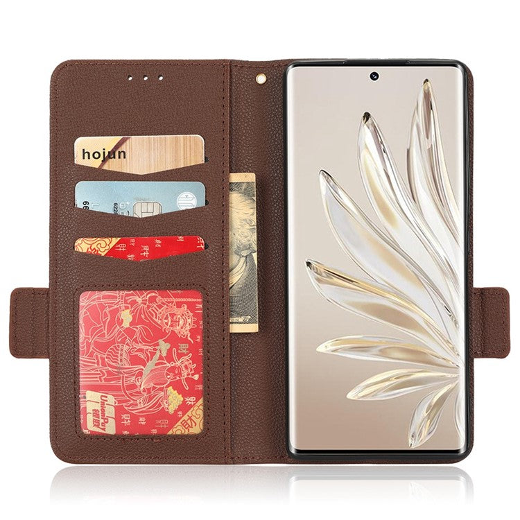 Litchi Texture Phone Stand Cover for Honor 70 5G, PU Leather Dual Magnetic Clasp Full Protection Wallet Case - Brown