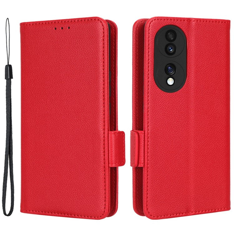 Litchi Texture Phone Stand Cover for Honor 70 5G, PU Leather Dual Magnetic Clasp Full Protection Wallet Case - Red