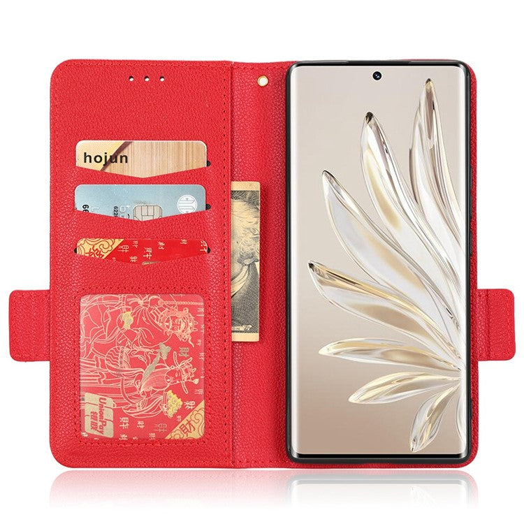 Litchi Texture Phone Stand Cover for Honor 70 5G, PU Leather Dual Magnetic Clasp Full Protection Wallet Case - Red