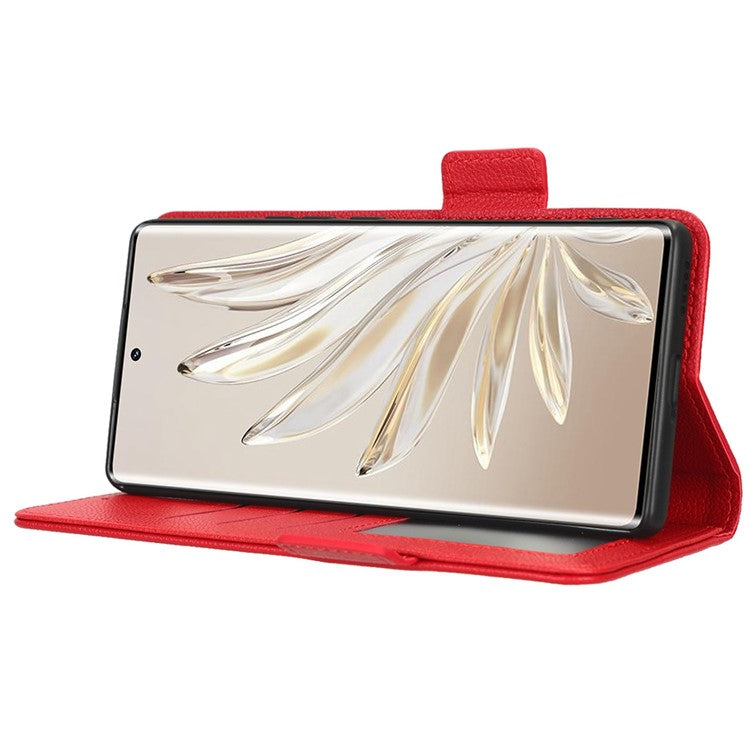 Litchi Texture Phone Stand Cover for Honor 70 5G, PU Leather Dual Magnetic Clasp Full Protection Wallet Case - Red