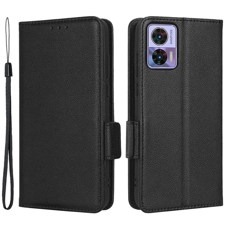 For Motorola Edge 30 Neo 5G PU Leather Litchi Texture Phone Cover Dual Magnetic Clasp Shockproof Case with Stand Wallet - Black