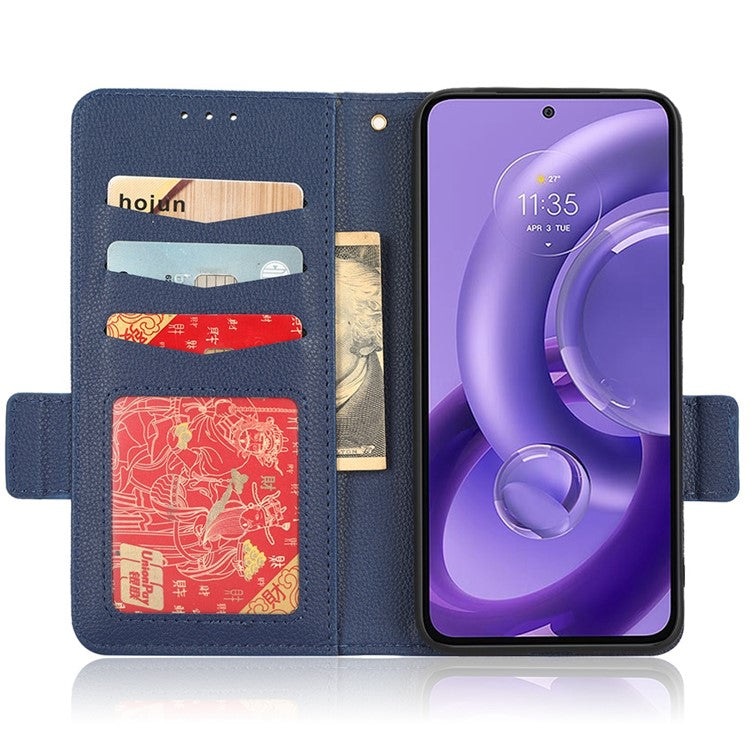 For Motorola Edge 30 Neo 5G PU Leather Litchi Texture Phone Cover Dual Magnetic Clasp Shockproof Case with Stand Wallet - Dark Blue