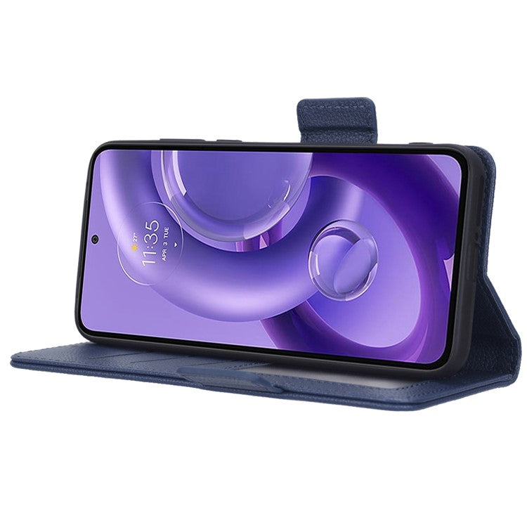 For Motorola Edge 30 Neo 5G PU Leather Litchi Texture Phone Cover Dual Magnetic Clasp Shockproof Case with Stand Wallet - Dark Blue