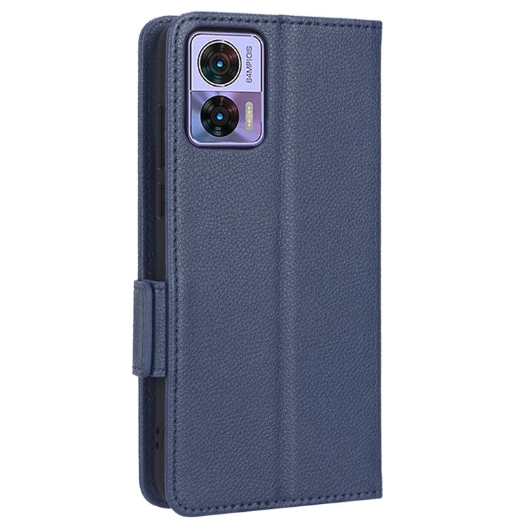 For Motorola Edge 30 Neo 5G PU Leather Litchi Texture Phone Cover Dual Magnetic Clasp Shockproof Case with Stand Wallet - Dark Blue