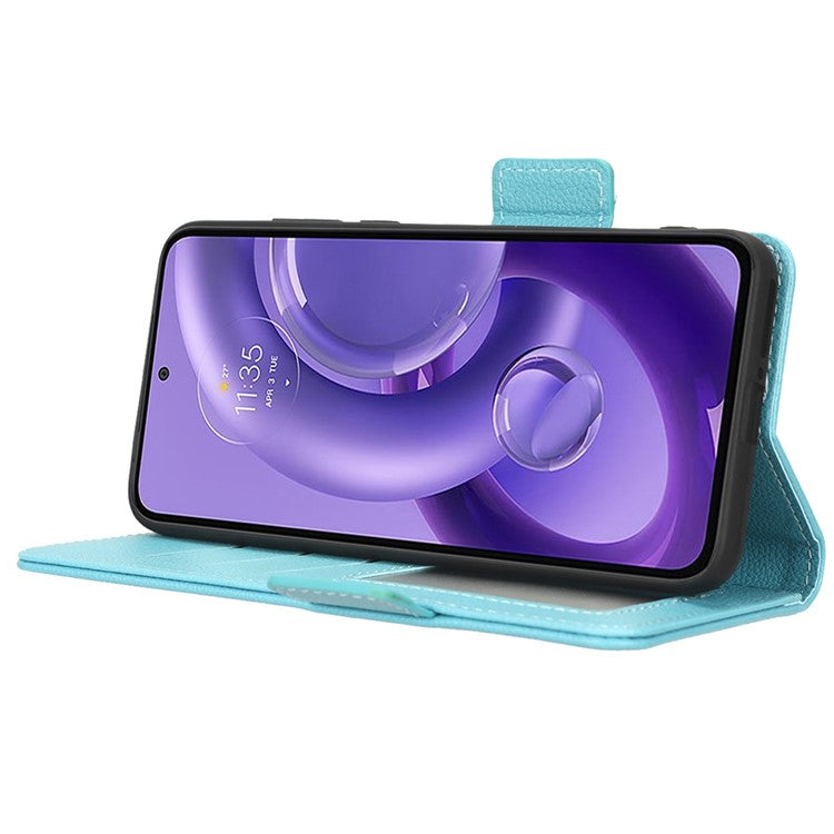 For Motorola Edge 30 Neo 5G PU Leather Litchi Texture Phone Cover Dual Magnetic Clasp Shockproof Case with Stand Wallet - Baby Blue