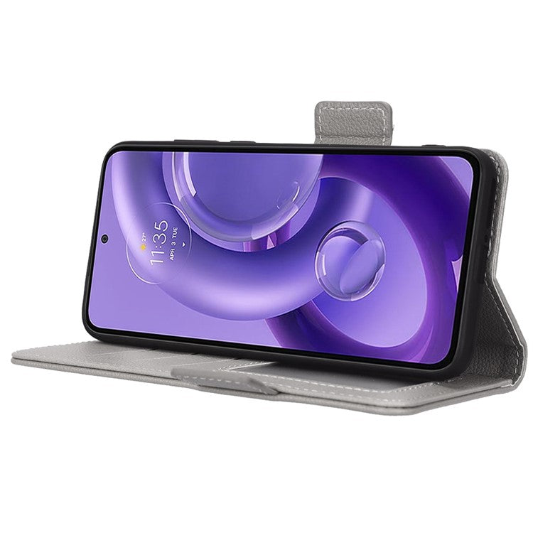 For Motorola Edge 30 Neo 5G PU Leather Litchi Texture Phone Cover Dual Magnetic Clasp Shockproof Case with Stand Wallet - Grey