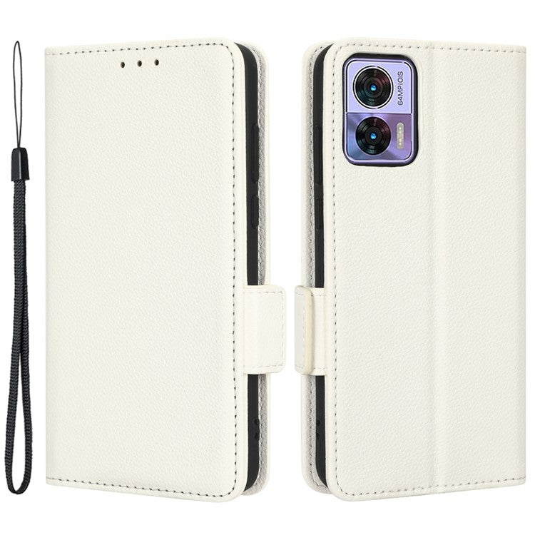 For Motorola Edge 30 Neo 5G PU Leather Litchi Texture Phone Cover Dual Magnetic Clasp Shockproof Case with Stand Wallet - White