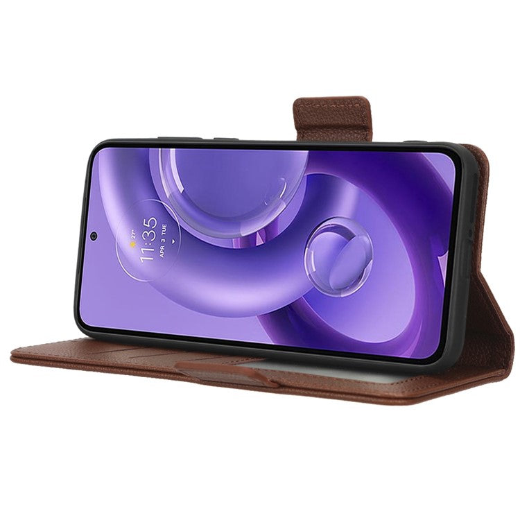 For Motorola Edge 30 Neo 5G PU Leather Litchi Texture Phone Cover Dual Magnetic Clasp Shockproof Case with Stand Wallet - Brown