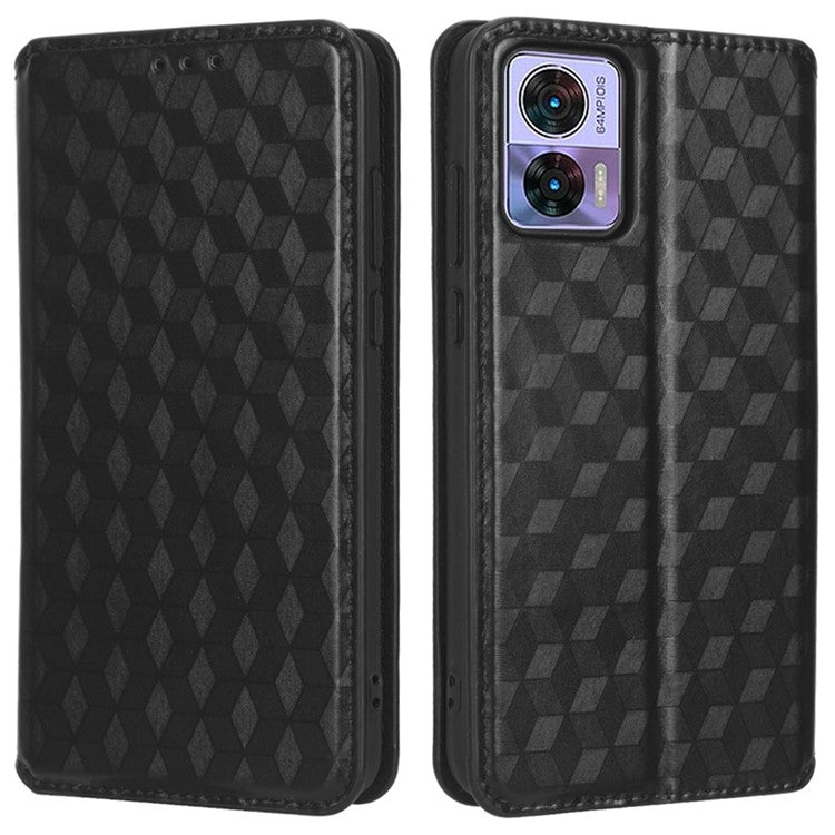 For Motorola Edge 30 Neo 5G Imprinted Rhombus Pattern PU Leather Phone Case Magnetic Auto Closing Cover with Wallet Stand - Black
