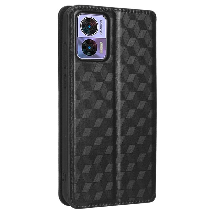 For Motorola Edge 30 Neo 5G Imprinted Rhombus Pattern PU Leather Phone Case Magnetic Auto Closing Cover with Wallet Stand - Black