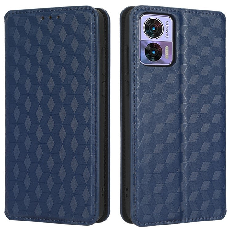 For Motorola Edge 30 Neo 5G Imprinted Rhombus Pattern PU Leather Phone Case Magnetic Auto Closing Cover with Wallet Stand - Blue