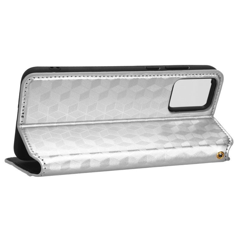 For Motorola Edge 30 Neo 5G Imprinted Rhombus Pattern PU Leather Phone Case Magnetic Auto Closing Cover with Wallet Stand - Silver
