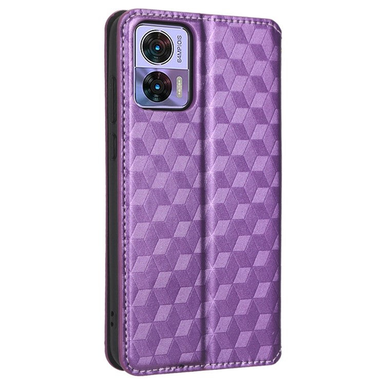 For Motorola Edge 30 Neo 5G Imprinted Rhombus Pattern PU Leather Phone Case Magnetic Auto Closing Cover with Wallet Stand - Purple