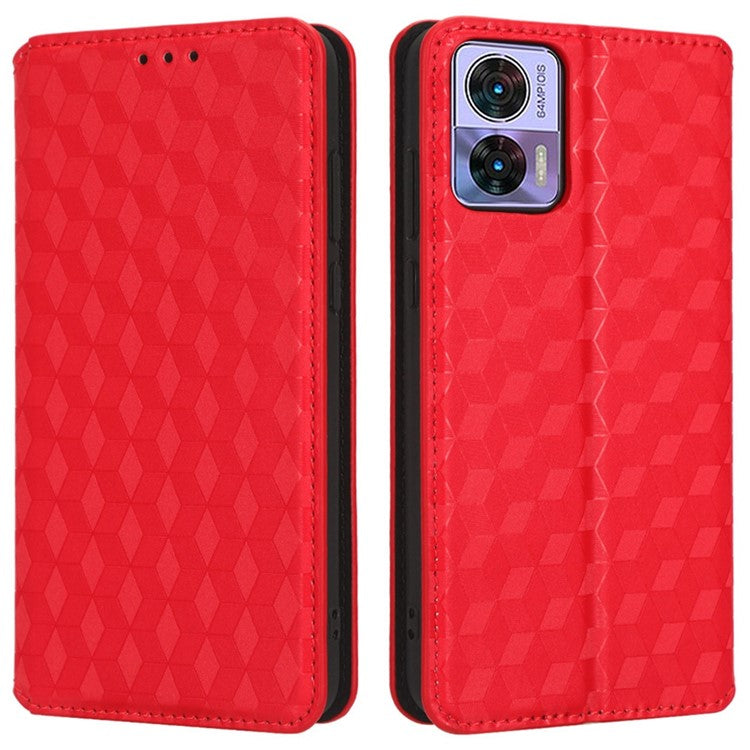 For Motorola Edge 30 Neo 5G Imprinted Rhombus Pattern PU Leather Phone Case Magnetic Auto Closing Cover with Wallet Stand - Red