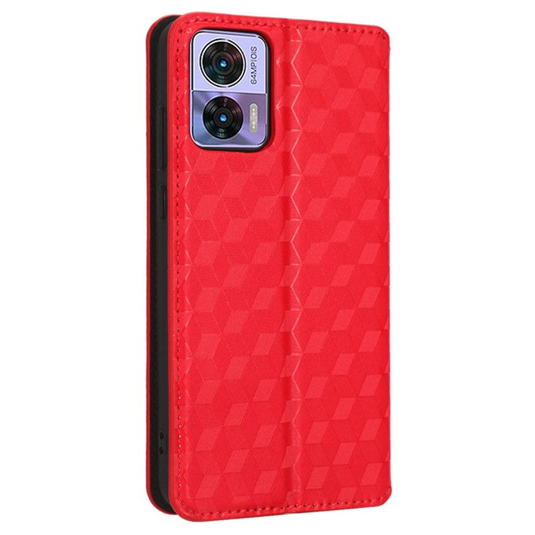 For Motorola Edge 30 Neo 5G Imprinted Rhombus Pattern PU Leather Phone Case Magnetic Auto Closing Cover with Wallet Stand - Red