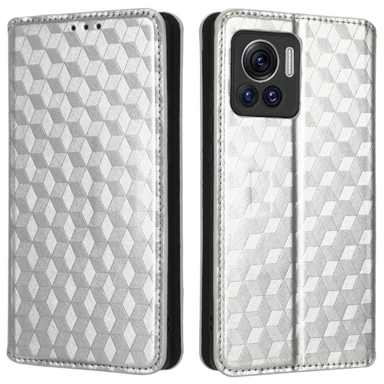 For Motorola Edge 30 Ultra 5G / Edge X / Moto X30 Pro 5G Rhombus Pattern Imprinted Leather Wallet Stand Cover Magnetic Closure Phone Case - Silver
