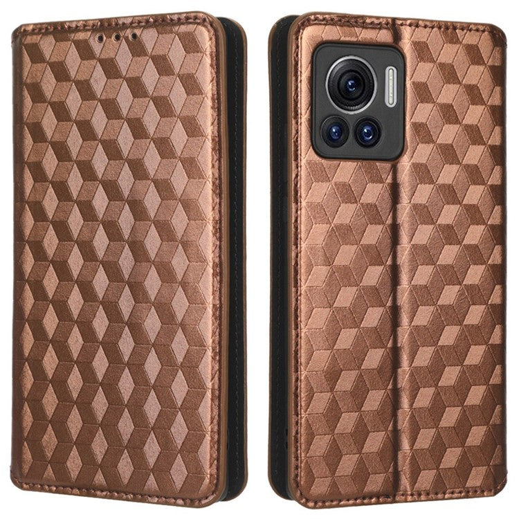 For Motorola Edge 30 Ultra 5G / Edge X / Moto X30 Pro 5G Rhombus Pattern Imprinted Leather Wallet Stand Cover Magnetic Closure Phone Case - Brown