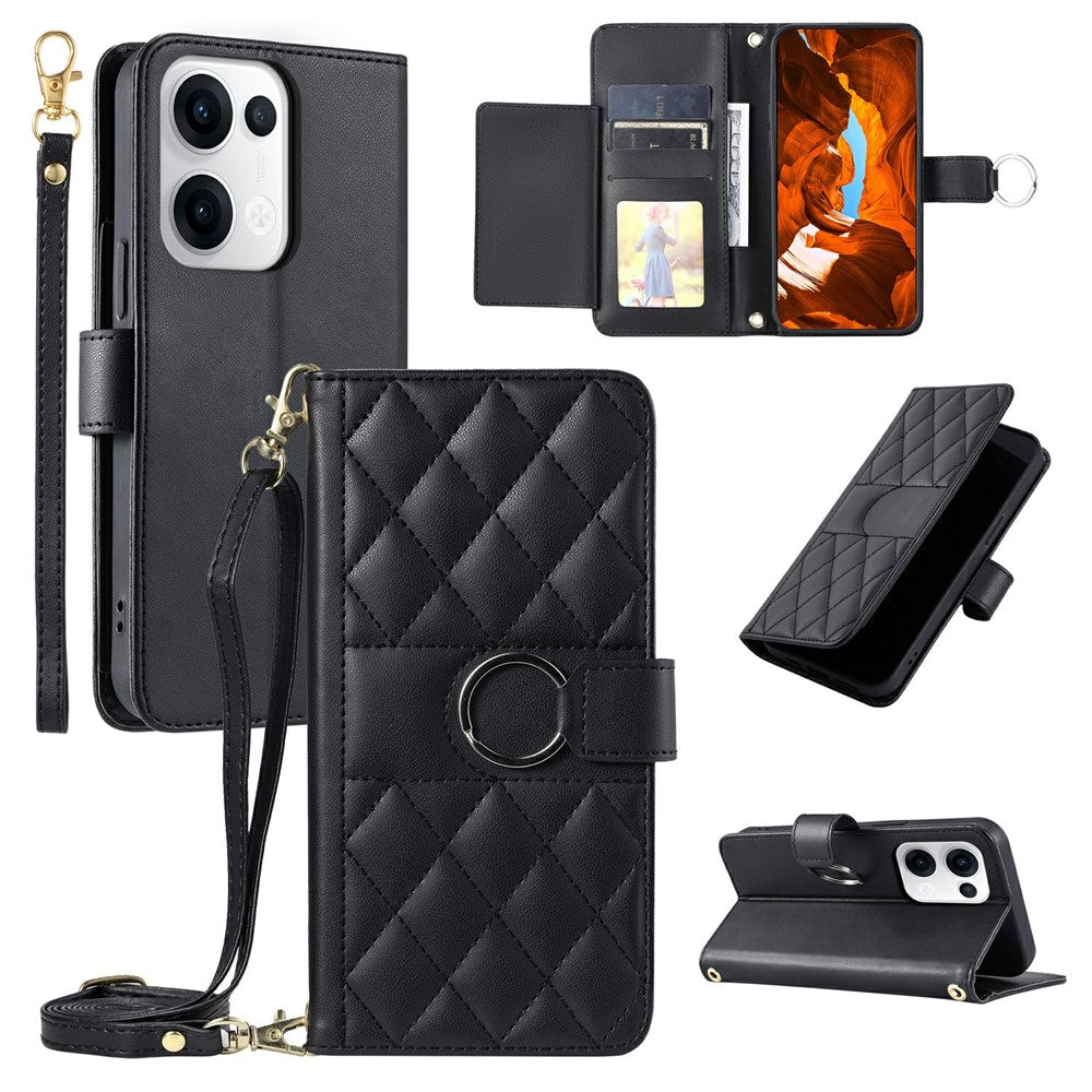 For Oppo Reno13 5G (Global) Crossbody Leather Case Ring Buckle Wallet Stand Rhombus Mobile Cover - Black