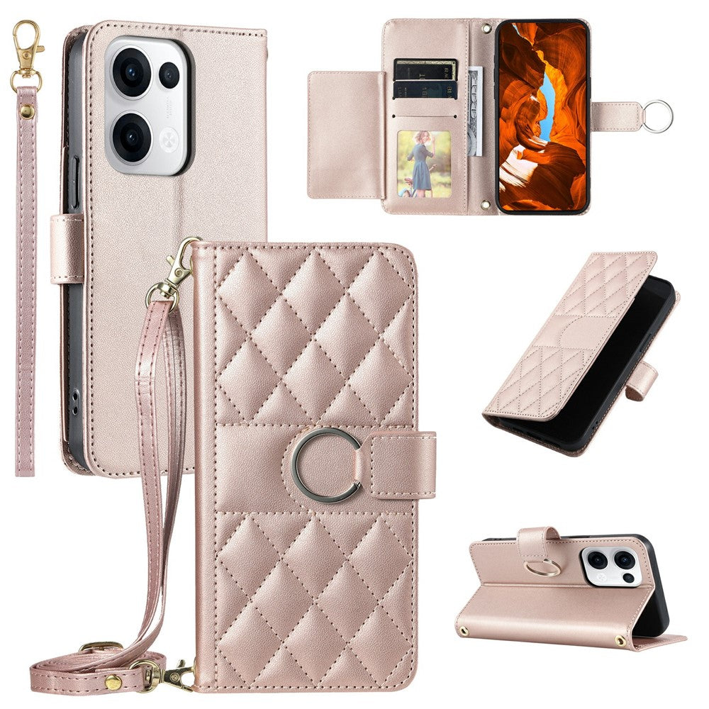 For Oppo Reno13 5G (Global) Crossbody Leather Case Ring Buckle Wallet Stand Rhombus Mobile Cover - Rose Gold