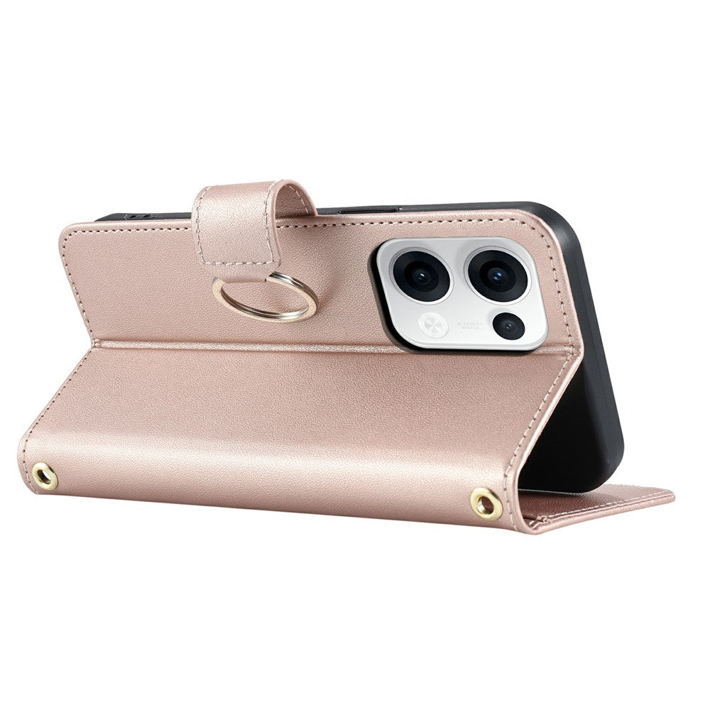 For Oppo Reno13 5G (Global) Crossbody Leather Case Ring Buckle Wallet Stand Rhombus Mobile Cover - Rose Gold