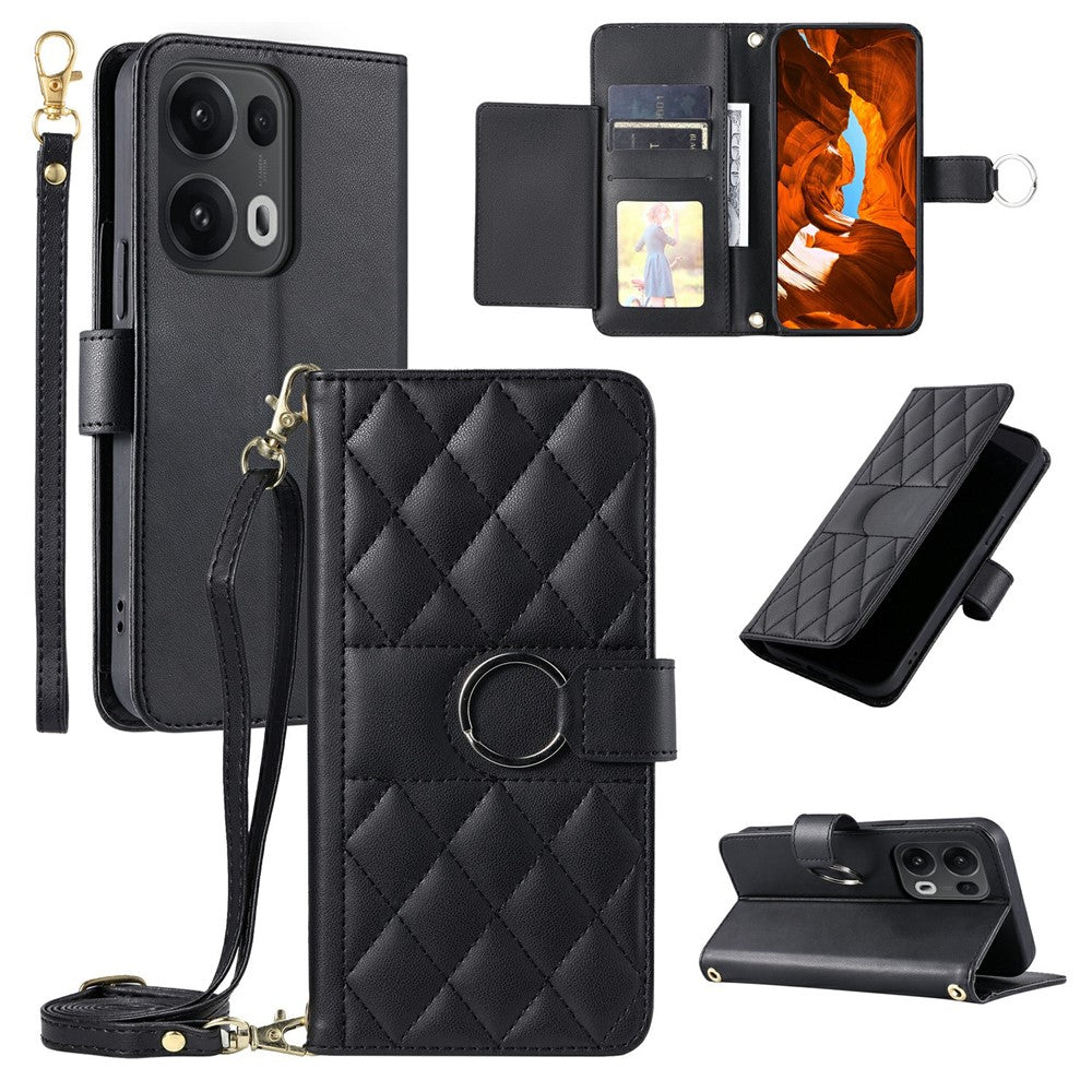 For Oppo Reno13 Pro 5G Crossbody Leather Case Ring Buckle Wallet Stand Rhombus Mobile Cover - Black