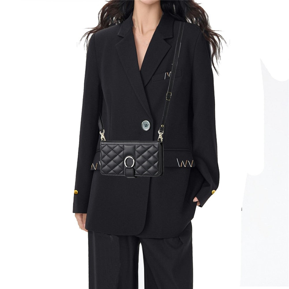 For Oppo Reno13 Pro 5G Crossbody Leather Case Ring Buckle Wallet Stand Rhombus Mobile Cover - Black