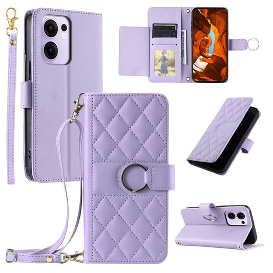 For Oppo Reno13 F 5G  /  4G Crossbody Leather Case Ring Buckle Wallet Stand Rhombus Mobile Cover - Purple