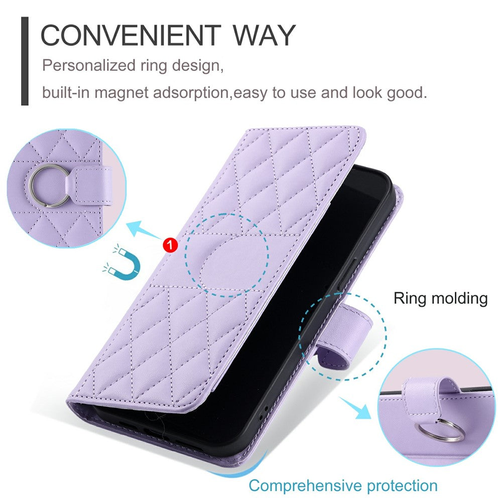 For Oppo Reno13 F 5G  /  4G Crossbody Leather Case Ring Buckle Wallet Stand Rhombus Mobile Cover - Purple