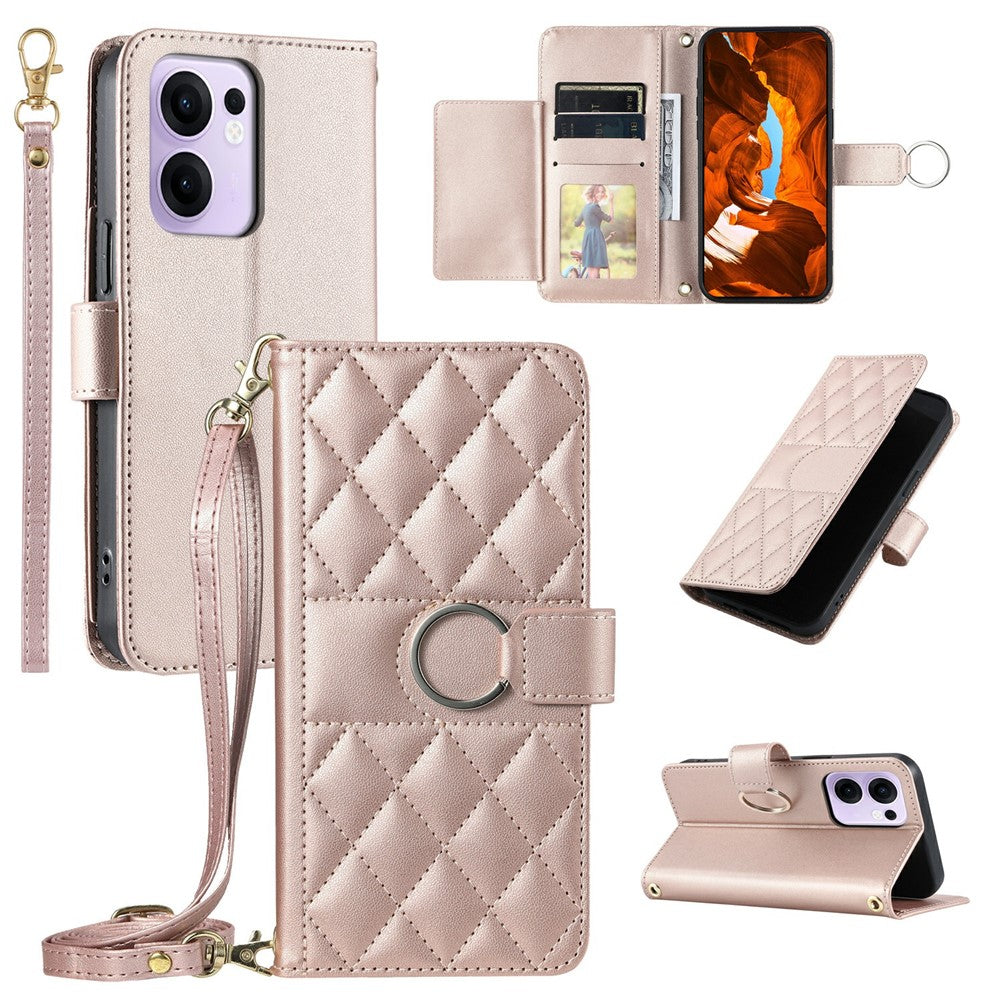 For Oppo Reno13 F 5G  /  4G Crossbody Leather Case Ring Buckle Wallet Stand Rhombus Mobile Cover - Rose Gold
