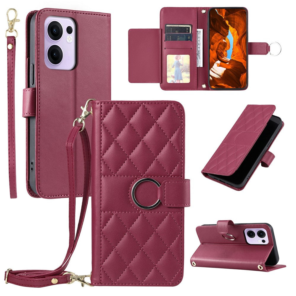 For Oppo Reno13 F 5G  /  4G Crossbody Leather Case Ring Buckle Wallet Stand Rhombus Mobile Cover - Red