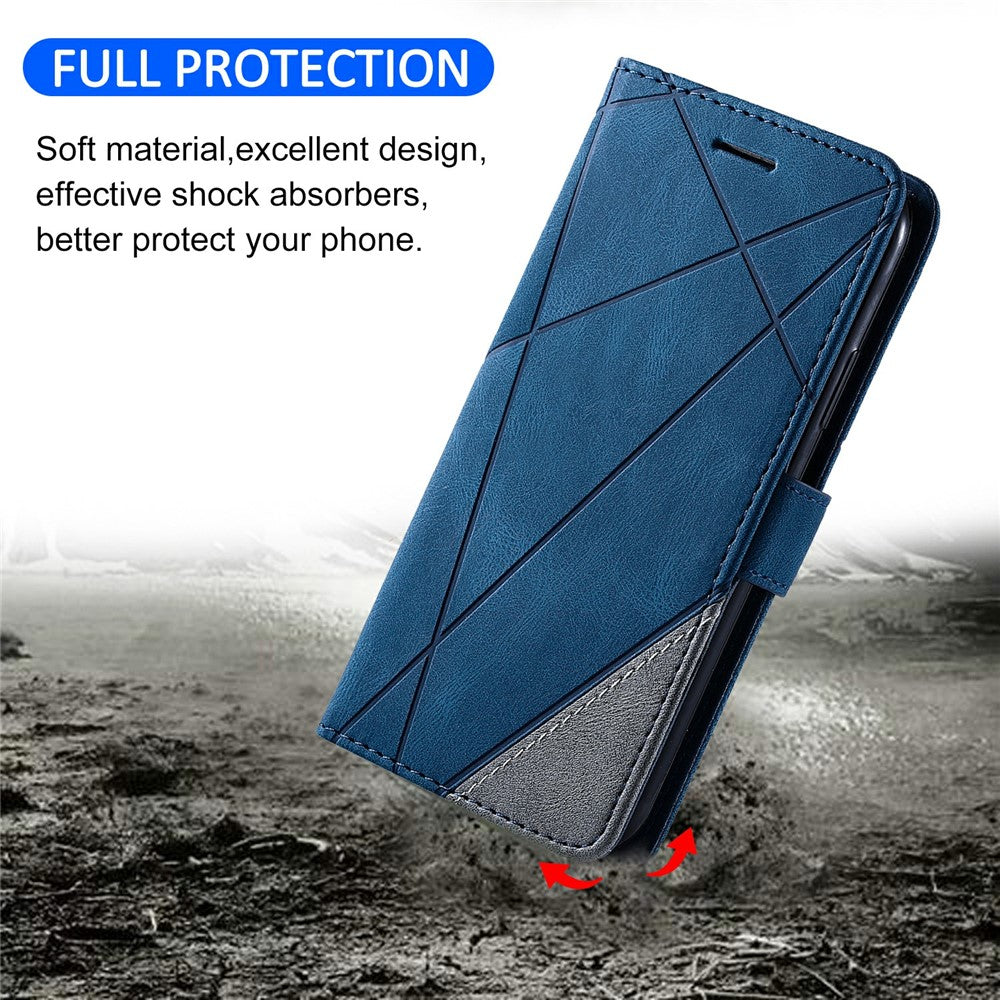 For Oppo Reno13 5G (Global) Case Imprinted Lines PU Leather Splicing Wallet Phone Cover - Blue