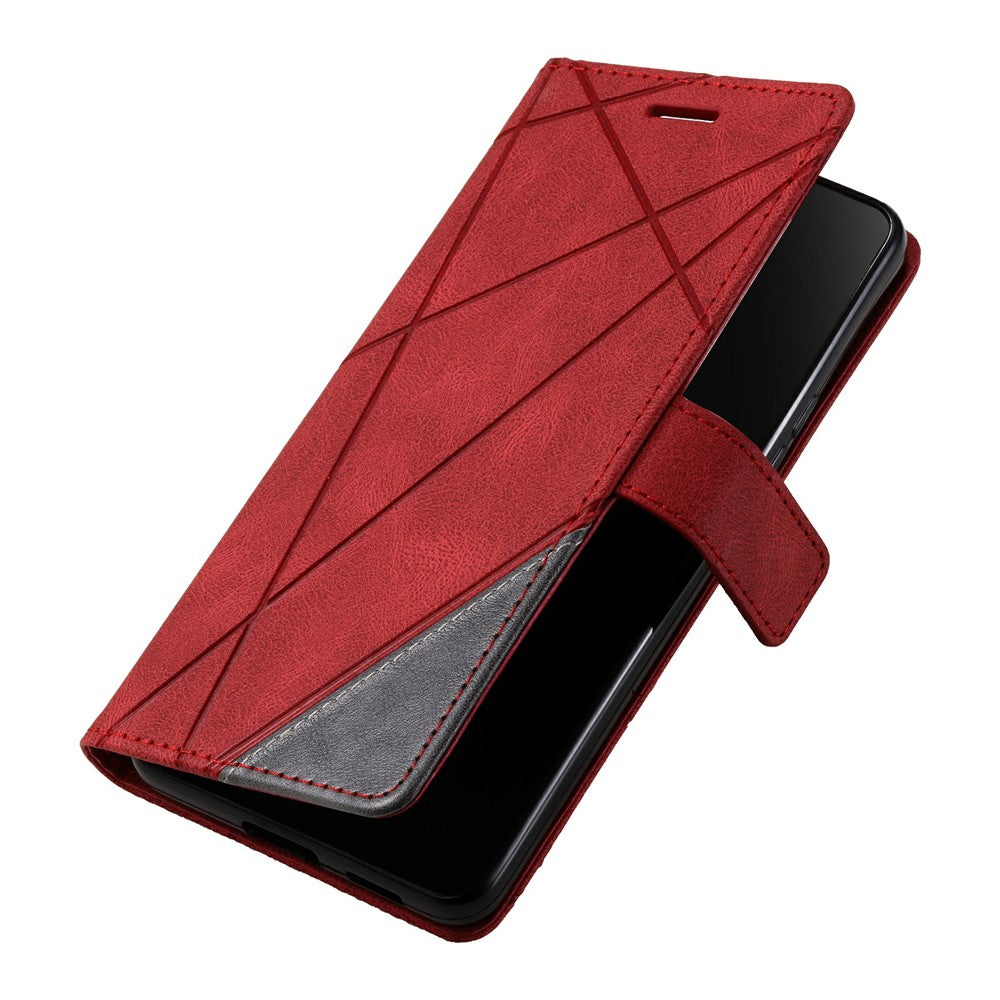 For Oppo Reno13 5G (Global) Case Imprinted Lines PU Leather Splicing Wallet Phone Cover - Red