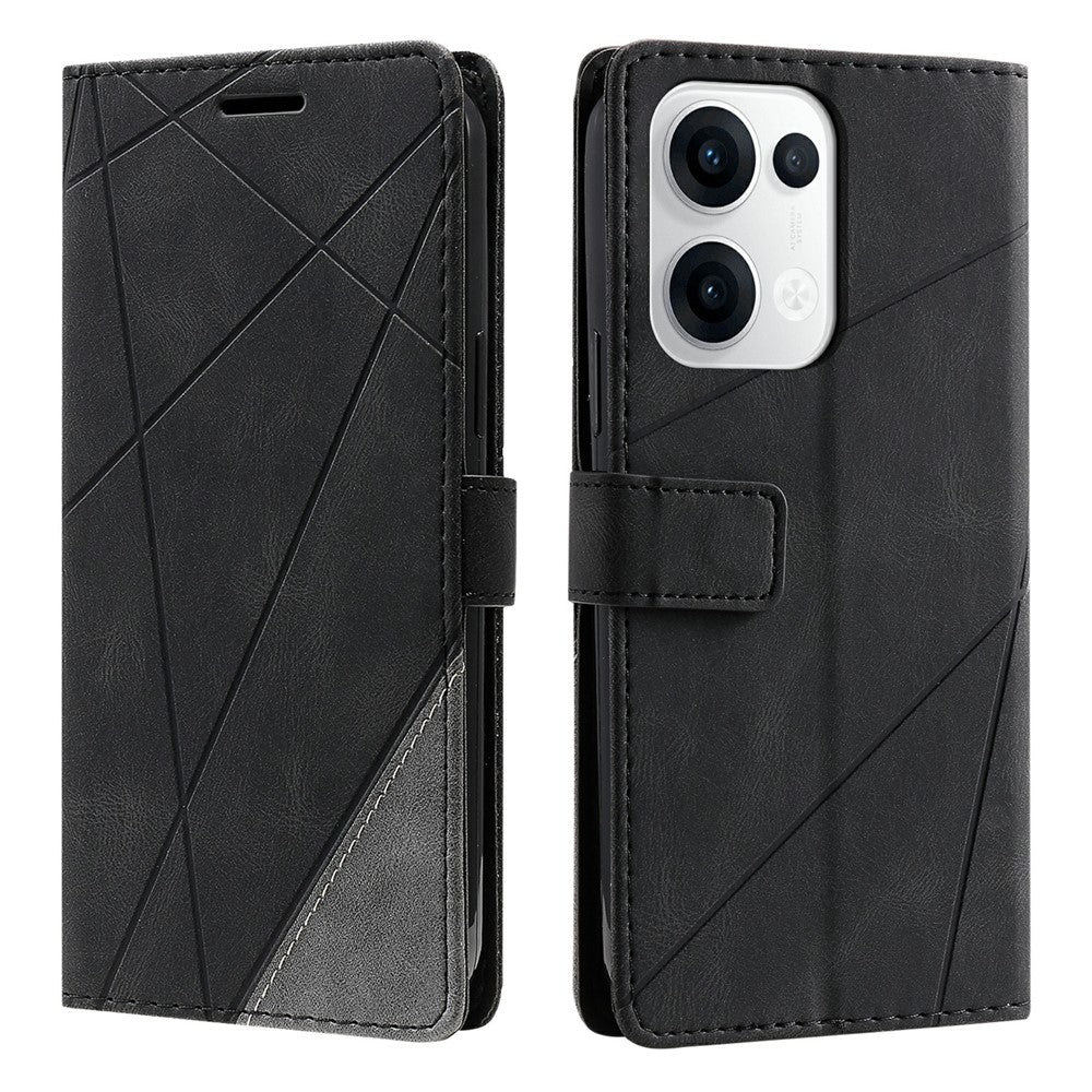For Oppo Reno13 5G (Global) Case Imprinted Lines PU Leather Splicing Wallet Phone Cover - Black