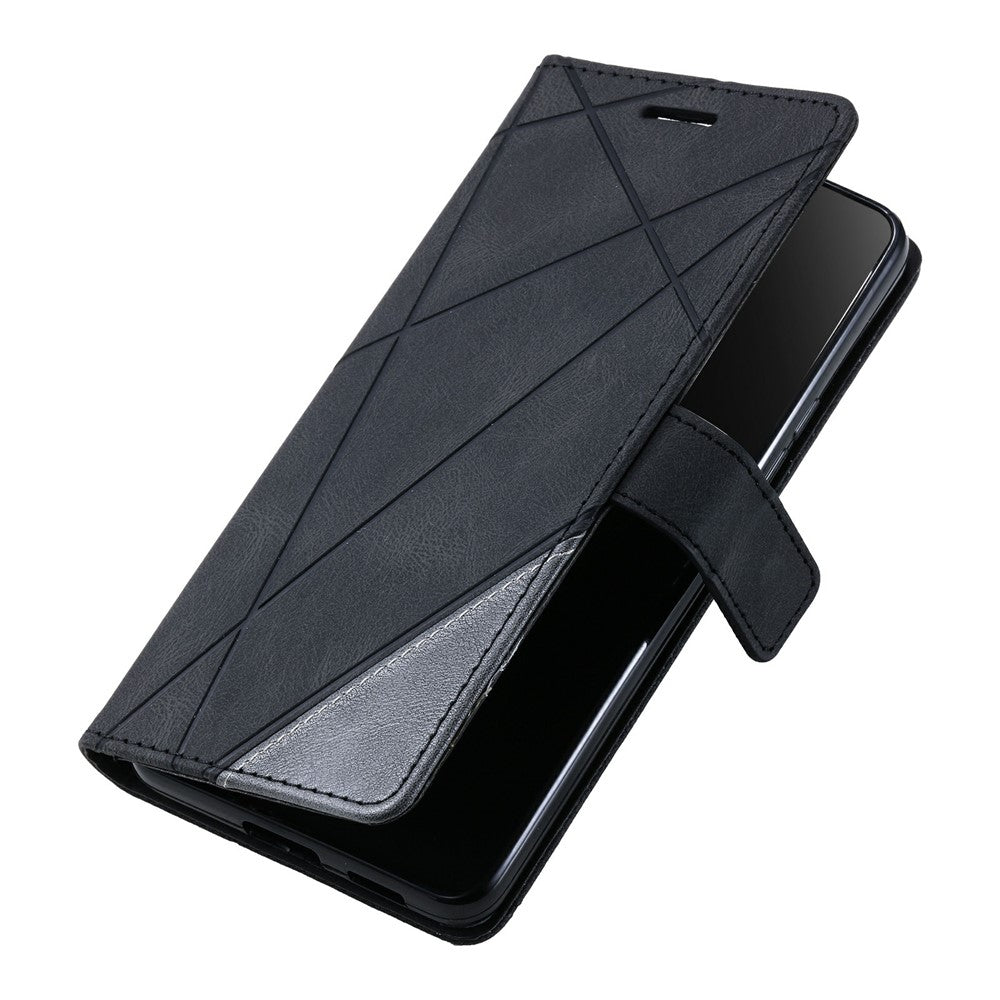For Oppo Reno13 5G (Global) Case Imprinted Lines PU Leather Splicing Wallet Phone Cover - Black