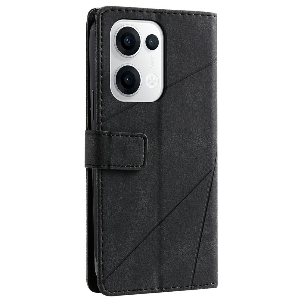 For Oppo Reno13 5G (Global) Case Imprinted Lines PU Leather Splicing Wallet Phone Cover - Black