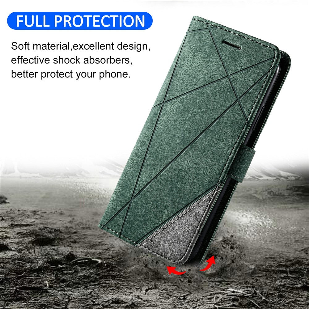 For Oppo Reno13 5G (Global) Case Imprinted Lines PU Leather Splicing Wallet Phone Cover - Green