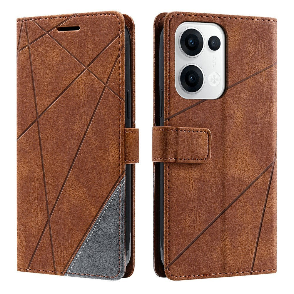 For Oppo Reno13 5G (Global) Case Imprinted Lines PU Leather Splicing Wallet Phone Cover - Brown