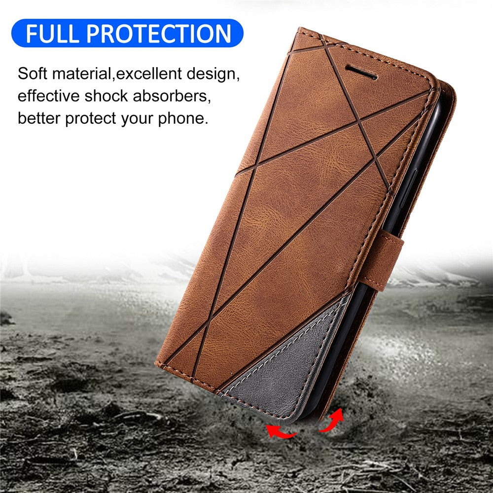 For Oppo Reno13 5G (Global) Case Imprinted Lines PU Leather Splicing Wallet Phone Cover - Brown